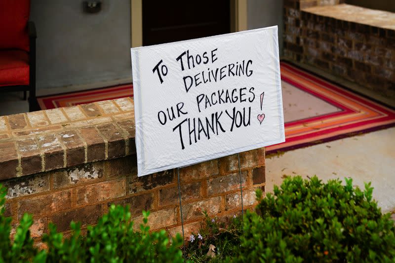 A lawn sign thanking delivery drivers is seen in the midst of the coronavirus pandemic in Atlanta