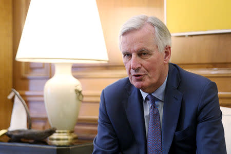 EU chief Brexit negotiator Michel Barnier speaks with Greek Prime Minister Alexis Tsipras (not pictured) at the Maximos Mansion in Athens, Greece, May 21, 2019. REUTERS/Costas Baltas