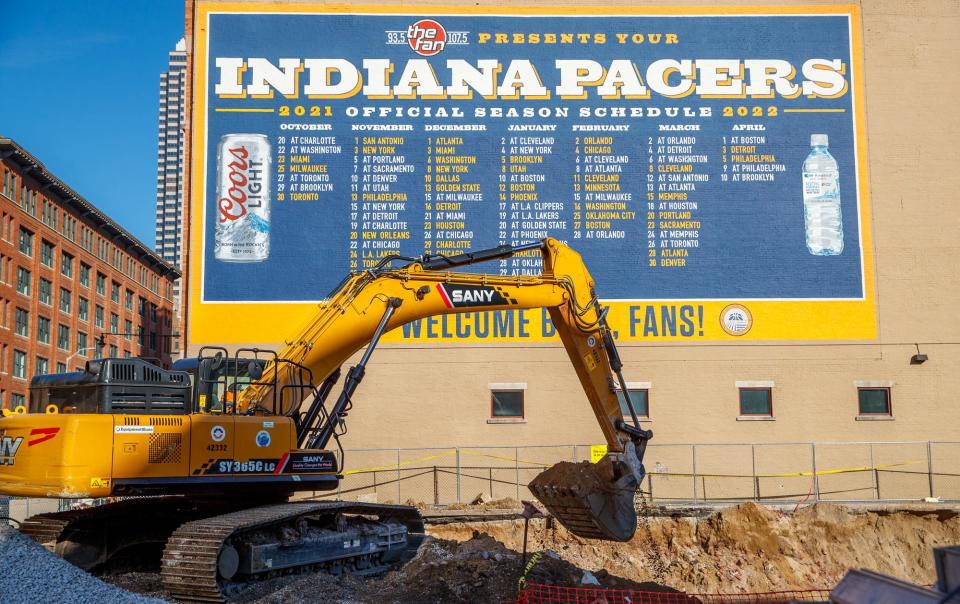 Work continues outside Gainbridge Fieldhouse on Tuesday, Nov. 30, 2021, on a three-phase, $360 million renovation that will continue through fall of 2022. 