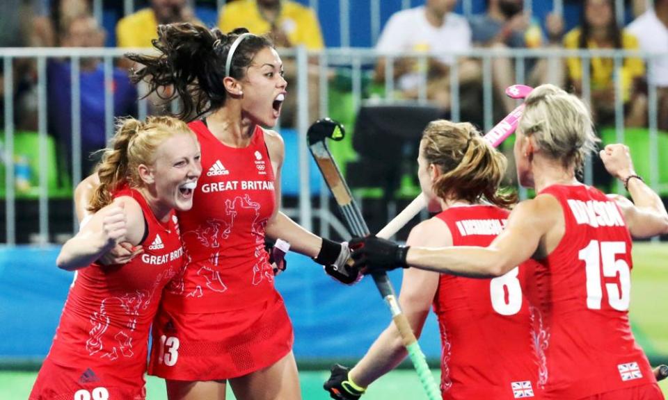 The Team GB women’s hockey team celebrate a goal on their way to winning gold in Rio