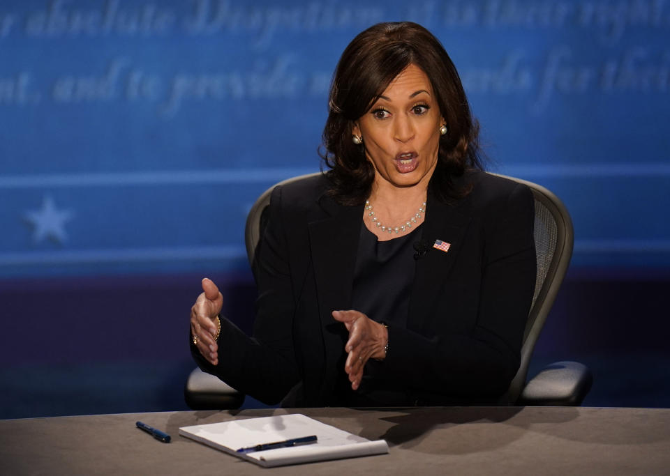 Democratic vice presidential candidate Sen. Kamala Harris, D-Calif., makes a point during the vice presidential debate with Vice President Mike Pence Wednesday, Oct. 7, 2020, at Kingsbury Hall on the campus of the University of Utah in Salt Lake City. (AP Photo/Julio Cortez)