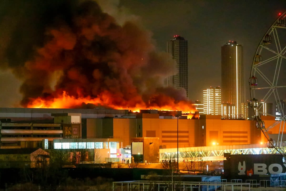 A massive blaze at Crocus City Hall on Friday evening (AP)