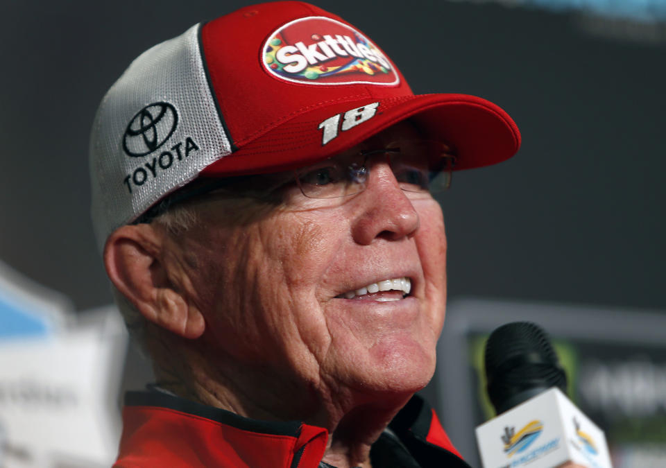 FILE- In this March 10, 2019, file photo, Team owner Joe Gibbs answers questions after driver Kyle Busch wins the NASCAR Cup Series auto race at ISM Raceway, Sunday,, in Avondale, Ariz. Gibbs, already an NFL Hall of Famer, will be inducted into the NASCAR Hall of Fame alongside Tony Stewart and Bobby Labonte, two drivers who helped him build one of NASCAR’s top teams while giving “Coach Joe” three of the organization’s five titles. ( AP Photo/Ralph Freso, File)