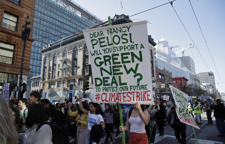 Students march along Market Street during a protest against climate change Friday, March 15, 2019, in San Francisco. Students are skipping classes to protest what they see as the failures of their governments to take tough action against global warming. The 'school strikes' on Friday were inspired by 16-year-old Swedish activist Greta Thunberg and are taking place in over 100 countries. (AP Photo/Ben Margot)