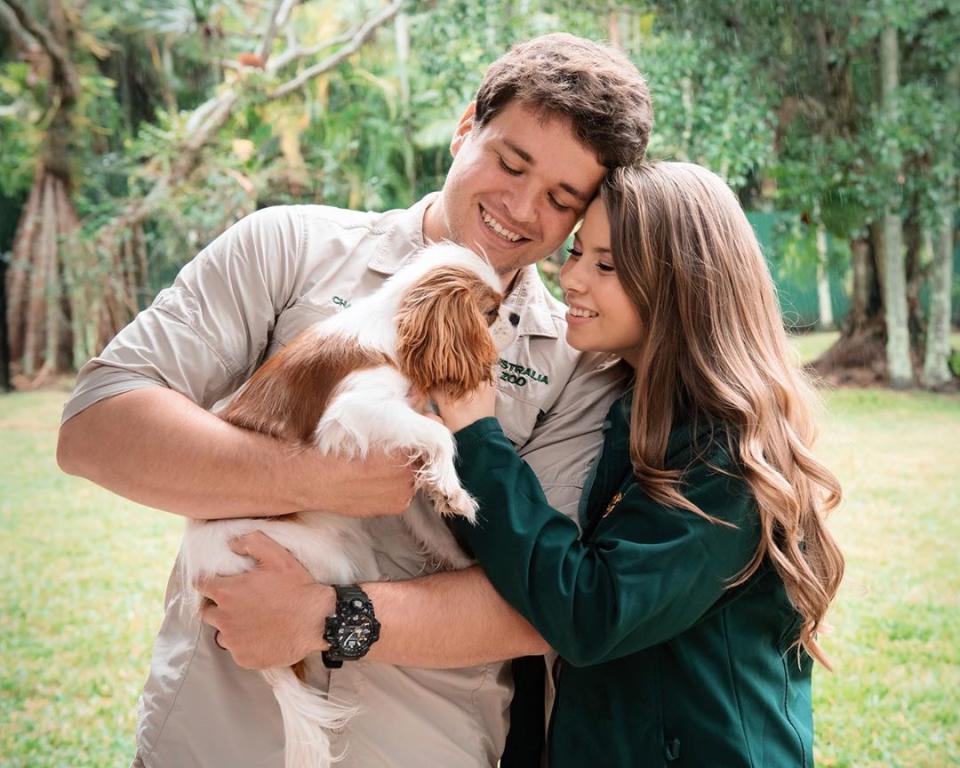 Bindi Irwin and her husband, Chandler Powell holding their dog, Piggy