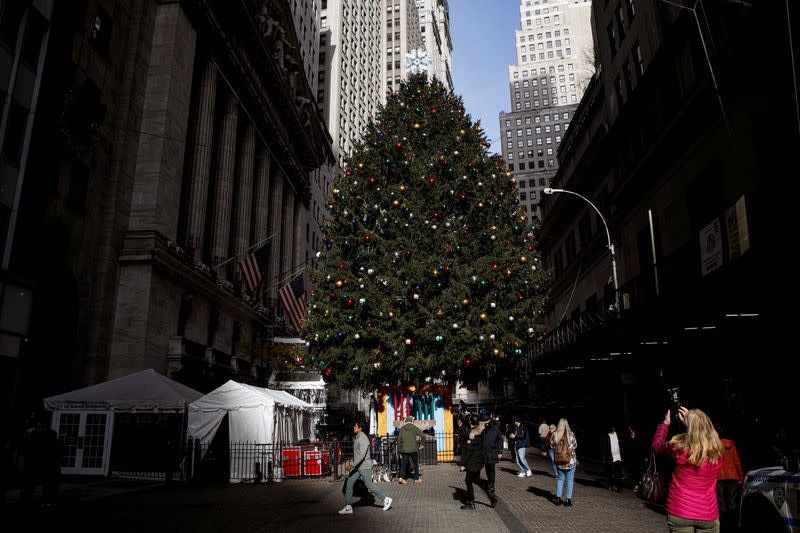 FILE PHOTO: The New York Stock Exchange Christmas Tree is seen outside of the NYSE in New York