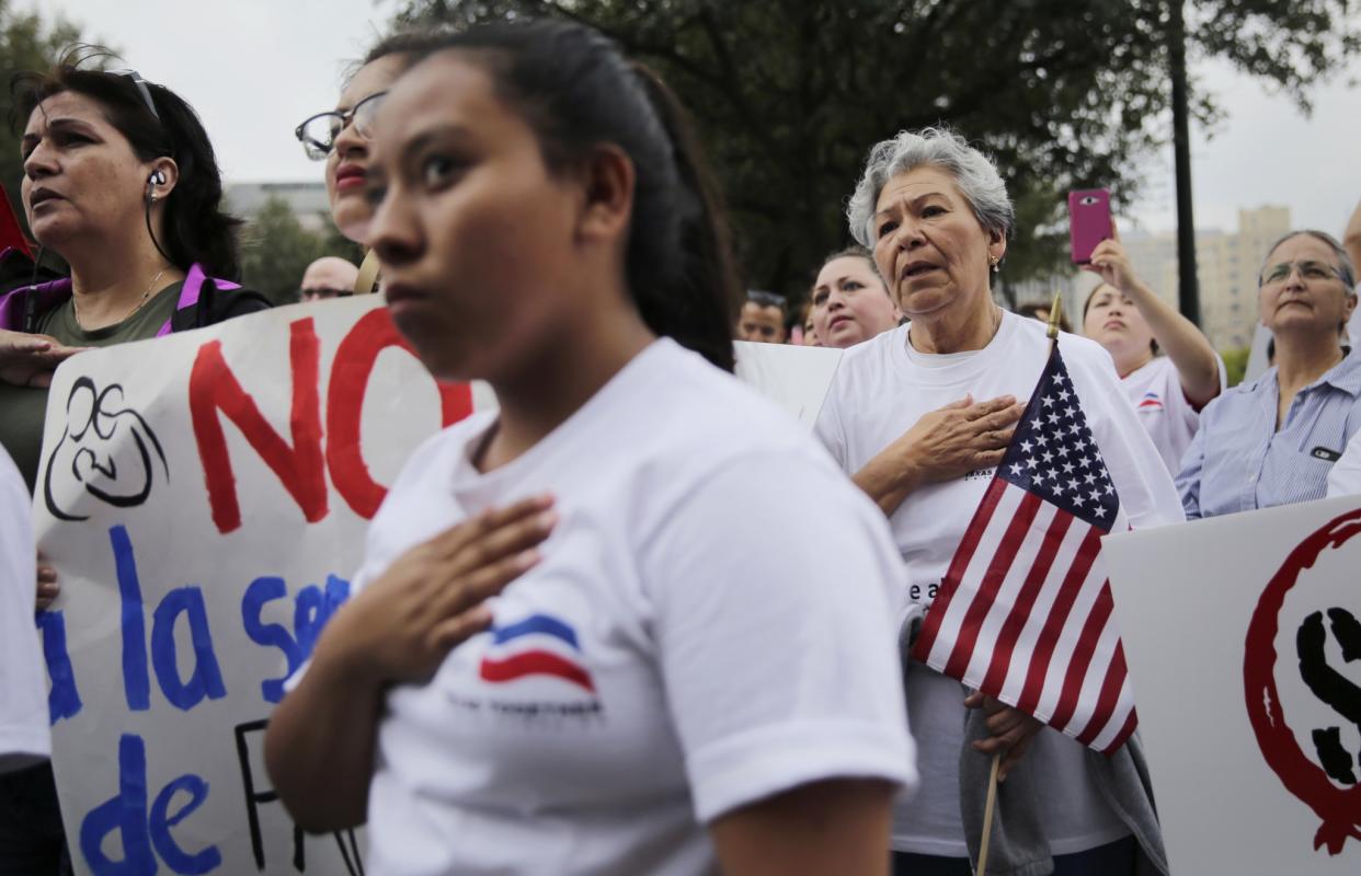 Protesters take part in a No Ban, No Wall rally to support the rights of immigrants and oppose a border wall and support sanctuary cities at the Texas State Capitol in Austin on Feb. 28. (Photo: Eric Gay/AP)