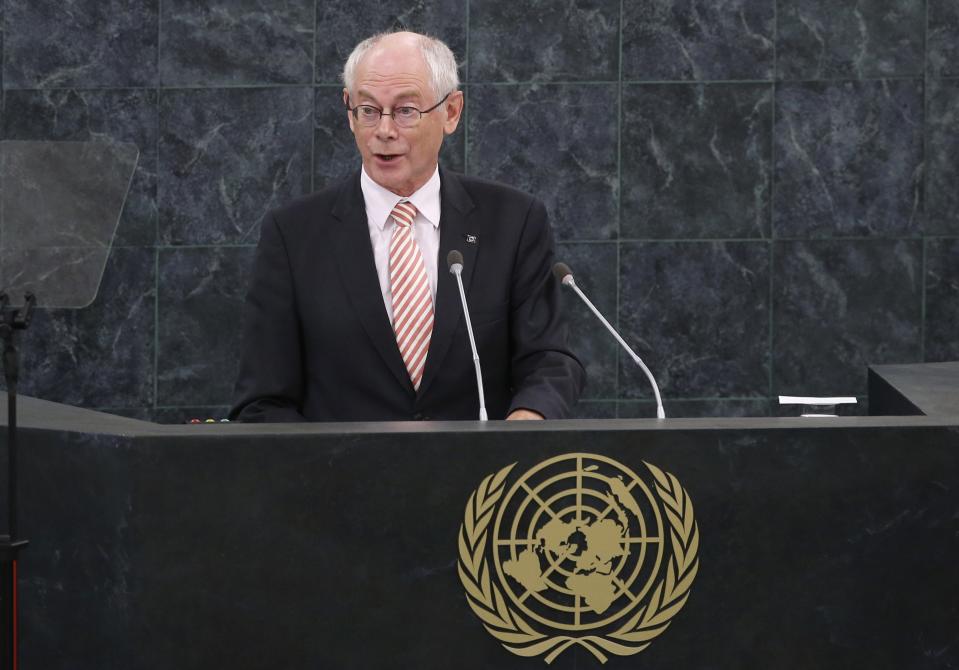 Herman Van Rompuy, President of the European Council, addresses the 68th United Nations General Assembly at U.N. headquarters in New York, September 25, 2013. REUTERS/Mike Segar (UNITED STATES - Tags: POLITICS)