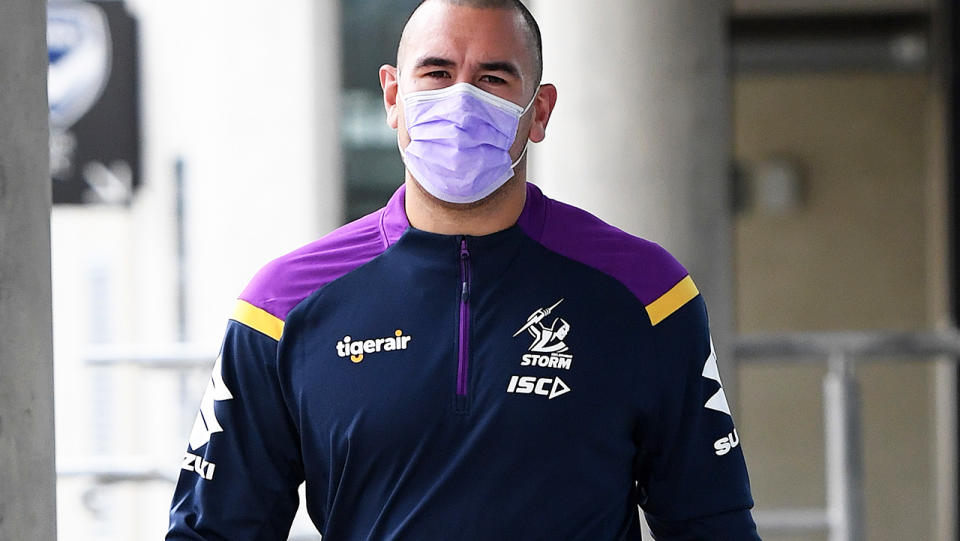 Nelson Asofa-Solomona, pictured here wearing a face mask ahead of Melbourne Storm training.