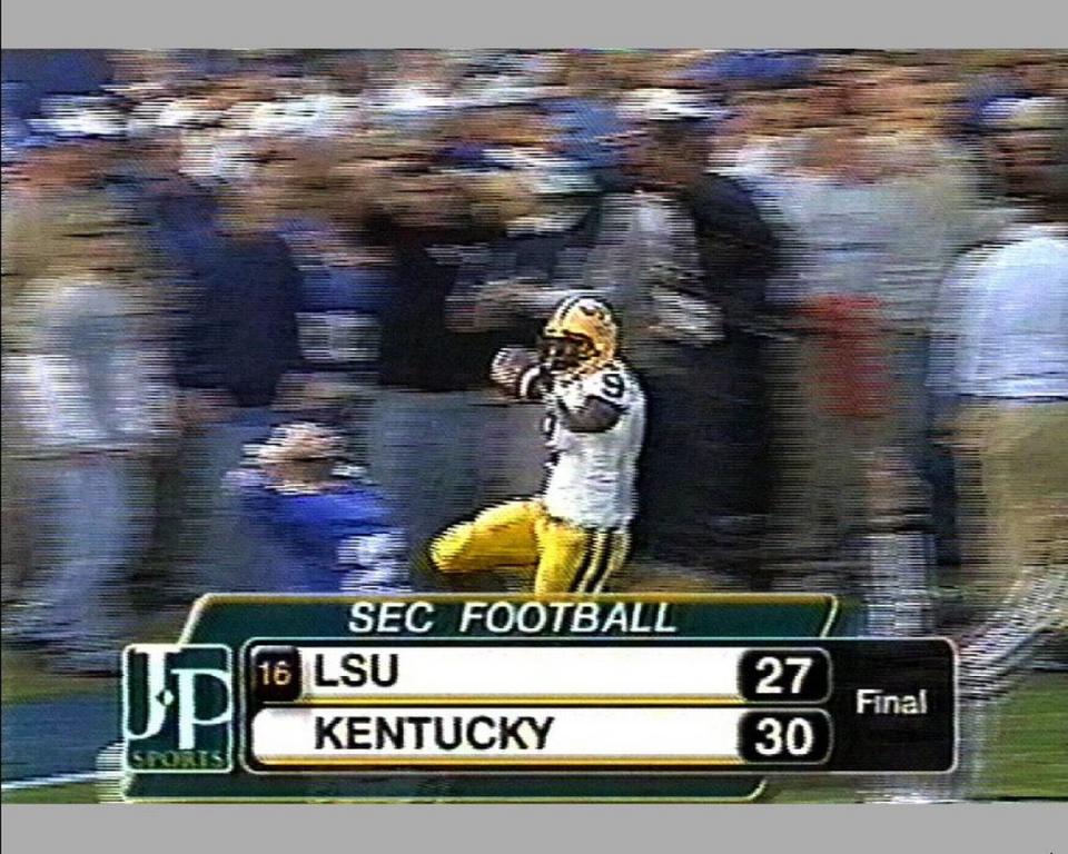 LSU’s “Bluegrass Miracle” victory over Kentucky caught a Commonwealth Stadium crowd of 66,262 by surprise and even flummoxed the producers of the TV broadcast by Jefferson-Pilot. The “final score” showed a Kentucky victory even as LSU’s Devery Henderson was crossing the goal line with the winning touchdown for the Tigers.