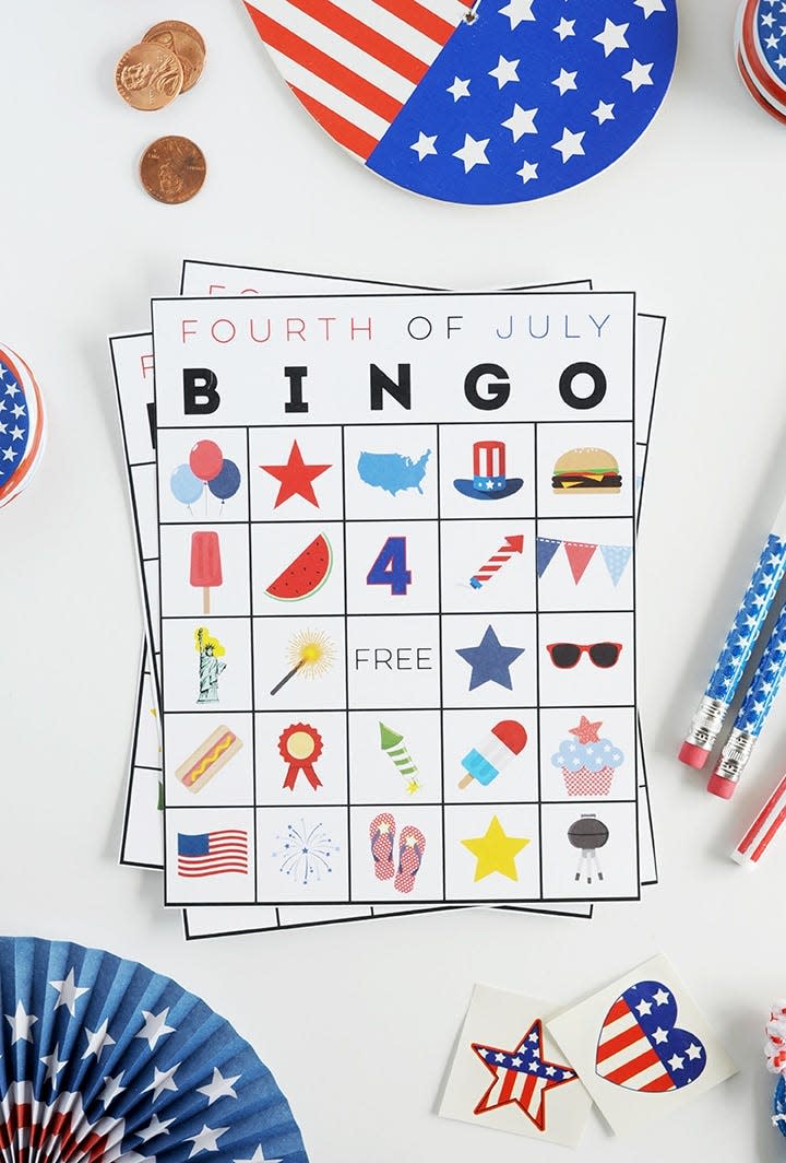 <p>Keep guests of all ages amused with this printable 4th of July-themed Bingo game, which you can download for free and play with pennies. </p><p><strong><em>Get the tutorial from <a href="https://www.aliceandlois.com/free-printable-fourth-july-bingo/" rel="nofollow noopener" target="_blank" data-ylk="slk:Alice & Lois;elm:context_link;itc:0;sec:content-canvas" class="link ">Alice & Lois</a>. </em></strong></p>