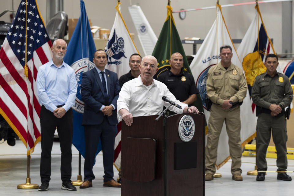 Homeland Security Secretary Alejandro Mayorkas speaks during a news conference in Tucson, Ariz., Wednesday, June 26, 2024. The Homeland Security Department says arrests for illegal border crossings have dropped more than 40% during the three weeks asylum processing has been suspended. (AP Photo/Jae C. Hong)