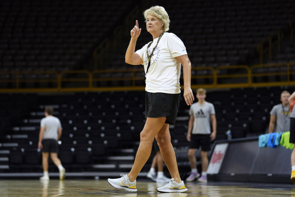 Iowa coach Lisa Bluder directs her team during practice following an NCAA college basketball media day, Wednesday, Oct. 4, 2023, in Iowa City, Iowa. (AP Photo/Charlie Neibergall)