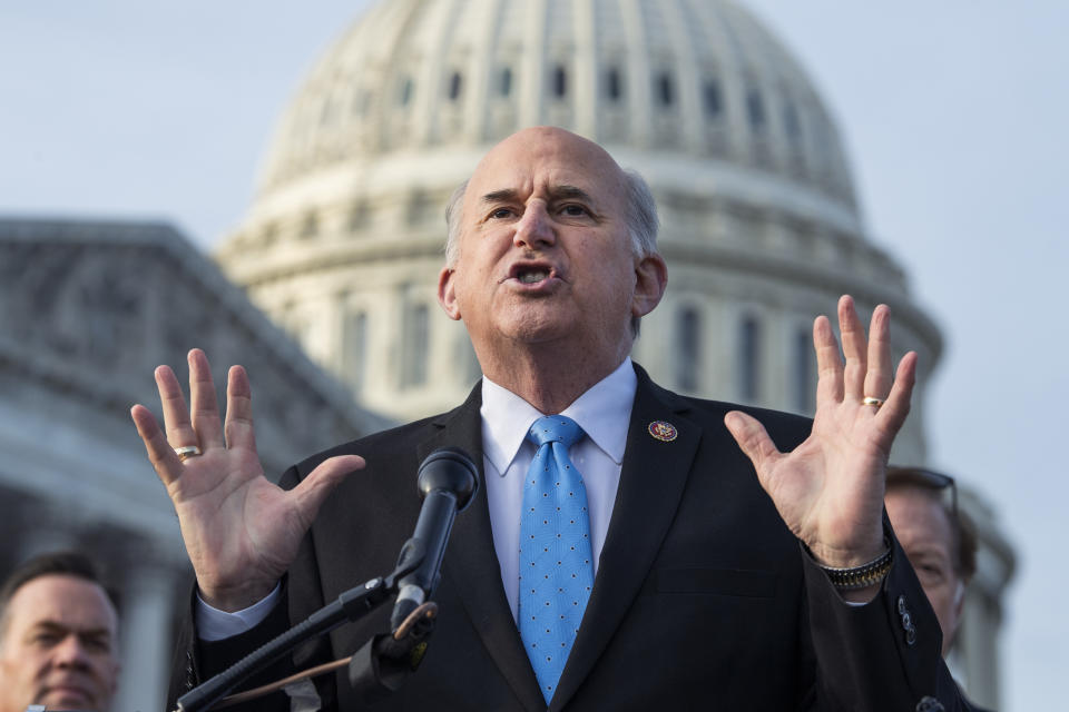 UNITED STATES - DECEMBER 3: Rep. Louie Gohmert, R-Texas, and members of the House Freedom Caucus conduct a news conference to call on Attorney General William Barr to release findings of an investigation into allegations of 2020 election fraud, outside the Capitol on Thursday, December 3, 2020. (Photo By Tom Williams/CQ-Roll Call, Inc via Getty Images)