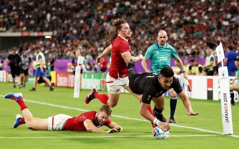 Rieko Ioane scores the All Blacks' fifth try - Credit: Hannah Peters/Getty Images