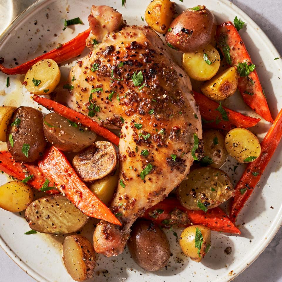 maple mustard glazed chicken with carrots and potatoes