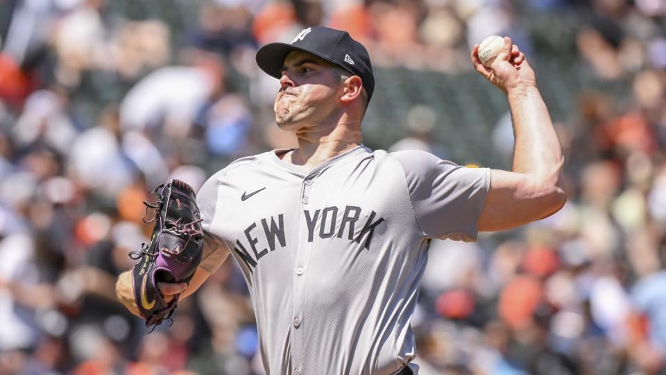 May 2, 2024; Baltimore, Maryland, USA; New York Yankees starting pitcher Carlos Rodon (55) delivers a second inning pitch against the Baltimore Orioles at Oriole Park at Camden Yards. 