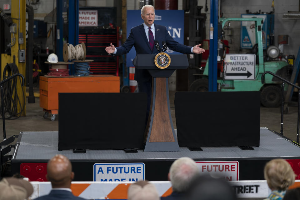 President Joe Biden speaks about infrastructure spending at the La Crosse Municipal Transit Authority, Tuesday, June 29, 2021, in La Crosse, Wis. (AP Photo/Evan Vucci)
