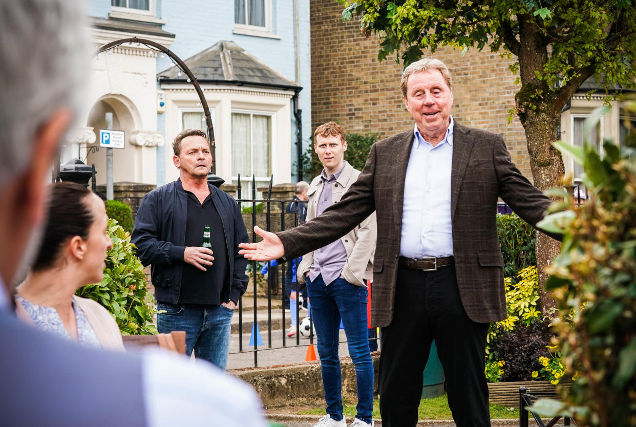WARNING: Embargoed for publication until 00:00:01 on 29/06/2021 - Programme Name: EastEnders - July-September 2021 - TX: 09/07/2021 - Episode: EastEnders - July-September 2021 - 6304 (No. n/a) - Picture Shows: ***Hold for exclusive for The Sun on Sunday (4th July)*** Sonia Fowler (NATALIE CASSIDY), Billy Mitchell (PERRY FENWICK), Jay Brown (JAMIE BORTHWICK), Harry Redknapp - (C) BBC - Photographer: Kieron McCarron/Jack Barnes