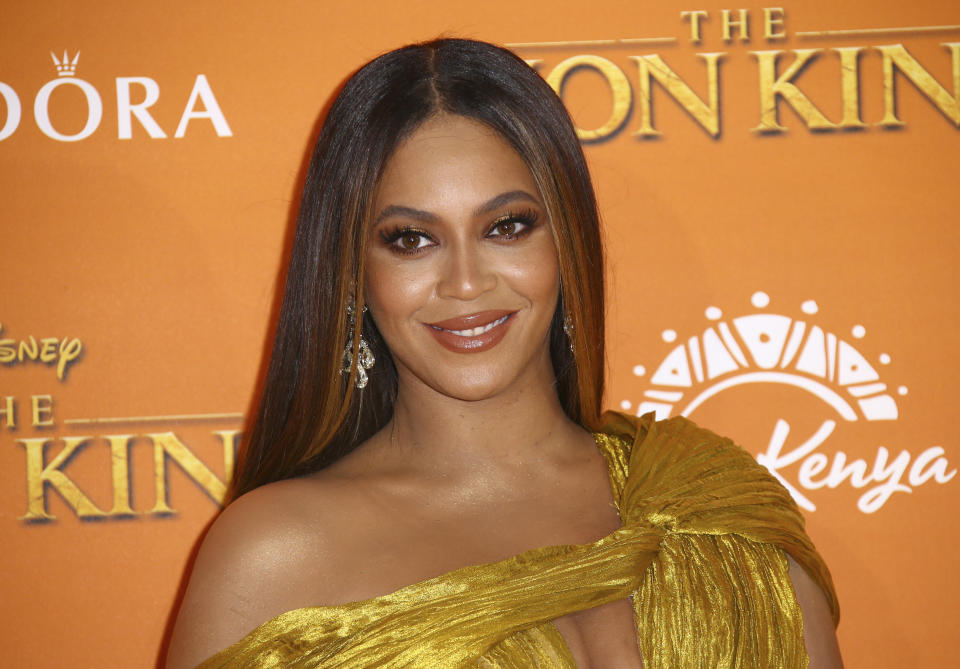 FILE - This July 14, 2019 file photo shows Beyonce at the "Lion King" premiere in London. President Barack Obama along with his wife, Michelle, delivered speeches Sunday, June 7, 2020, during YouTube’s “Dear Class of 2020” virtual ceremony. The duo, along with a wide-ranging, star-studded lineup including Beyoncé, Lady Gaga and Tom Brady, offered inspirational messages in hopes of uplifting new graduates. (Photo by Joel C Ryan/Invision/AP, File)