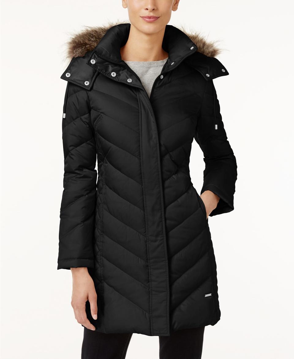 Kenneth Cole Hooded Faux-Fur-Trim Down Chevron Puffer Coat (Photo: Macy’s)