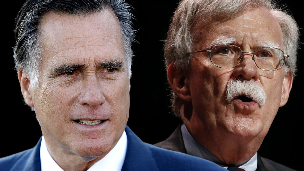 Sewn. Mitt Romney and John Bolton. (Photo illustration: Yahoo News; photos: AP, Patrick Semansky/AP)