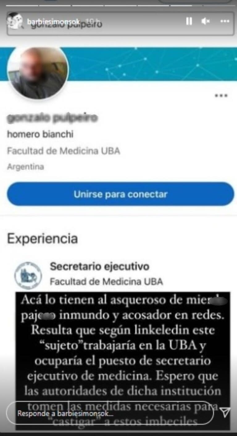 La conductora compartió el perfil de LinkedIn del presunto acosador