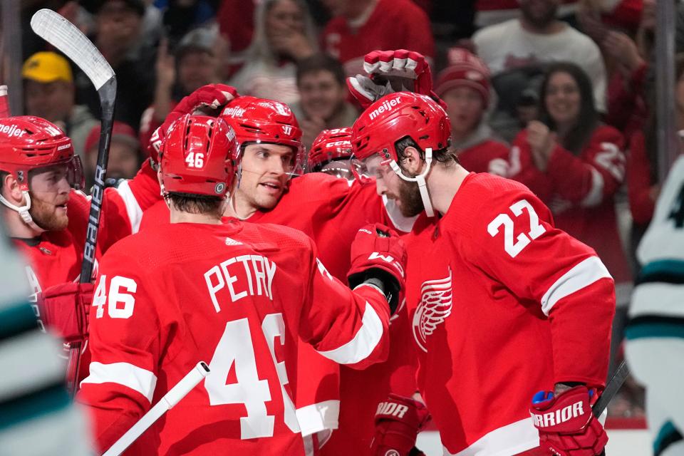 Detroit Red Wings center Michael Rasmussen (27) celebrates his goal against the San Jose Sharks in the second period at Little Caesars Arena in Detroit on Thursday, Dec. 7, 2023.