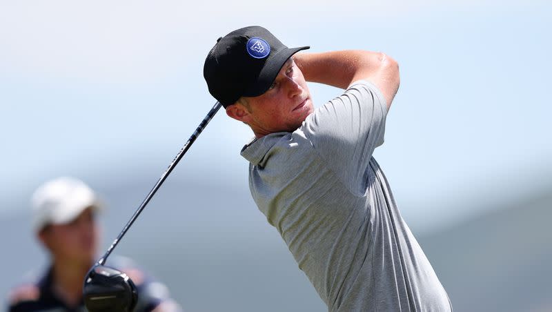 Zac Jones tees off as he and Simon Kwon play in match play for the 124th Utah State Amateur Championship at Soldier Hollow Golf Course in Midway on July 16, 2022. Jones, who plays collegiately for BYU, this week led the Cougars to the WCC tournament championship.