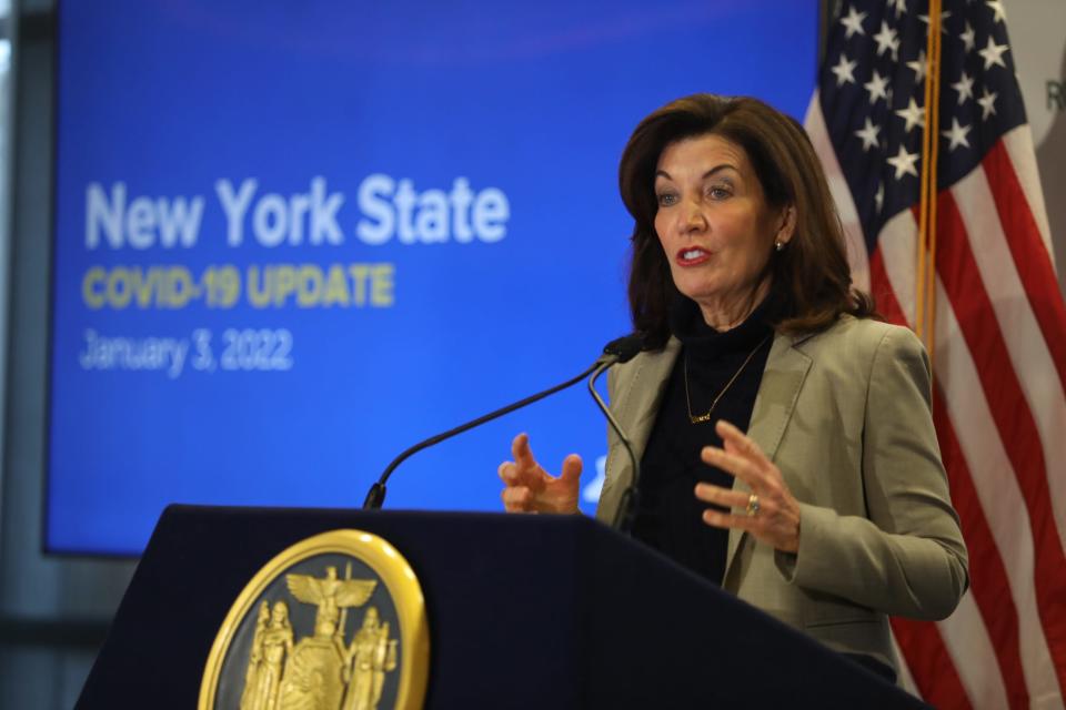 New York Governor Kathy Hochul talked about upcoming plans to assist keeping students in school and other COVID prevention measures during a press conference at Rochester Educational Opportunity Center at SUNY Brockport  in Rochester on January 3, 2022. 