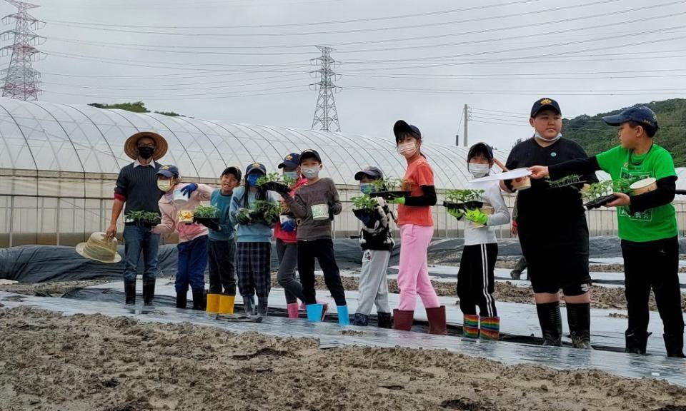 新北市林口有機村青農昨與林口興福國小合作舉辦「種瓜得瓜」食農教育活動，帶領小朋友到瓜田種植西瓜苗。　（記者吳瀛洲攝）