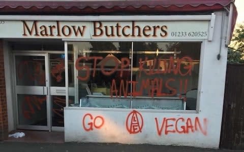 Demonstrators sprayed red wording across the shopfront, with the words Stop Killing Animals. Go vegan - Credit: Marlow Butchers / Facebook