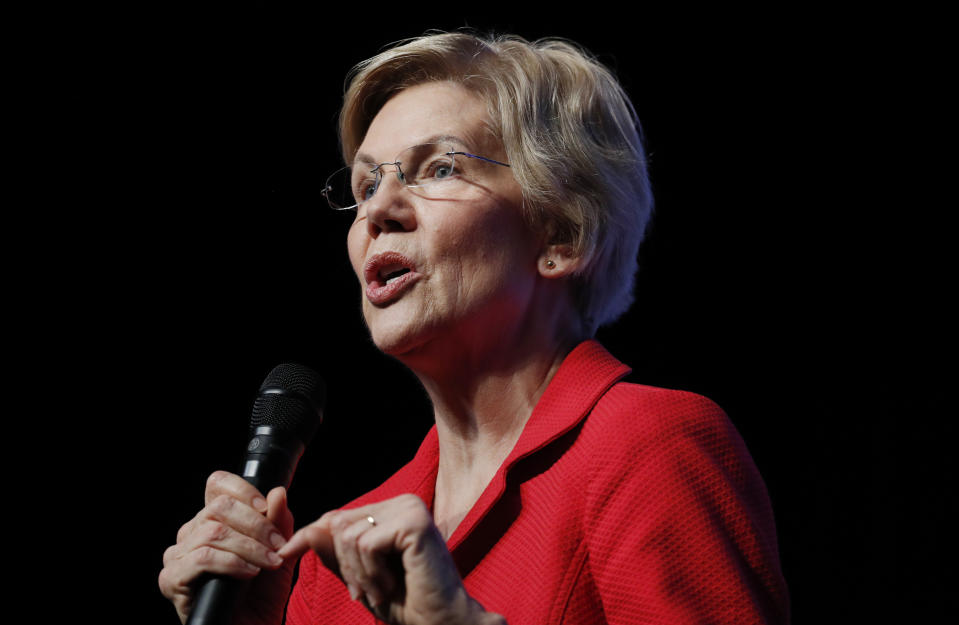 Democratic presidential candidate Sen. Elizabeth Warren, D-Mass., speaks during a fundraiser for the Nevada Democratic Party, Sunday, Nov. 17, 2019, in Las Vegas. (AP Photo/John Locher)