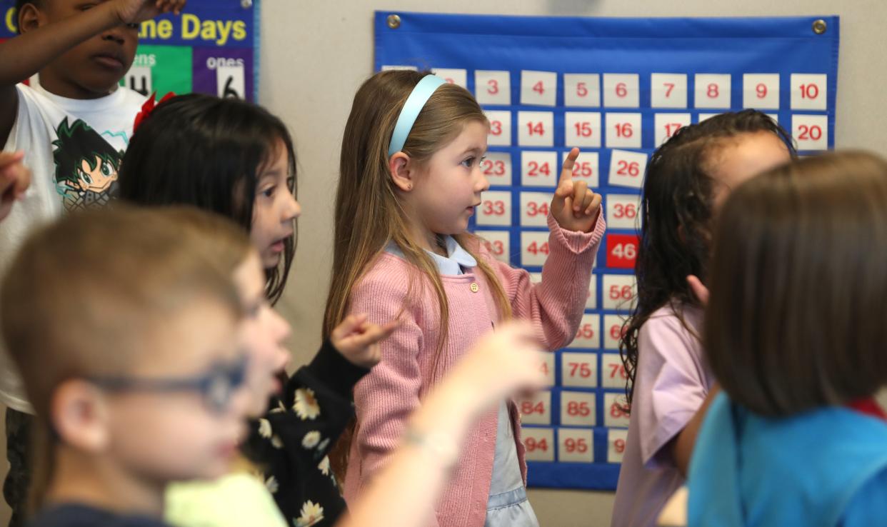 Salma Perez Bustamante raises he hand in kindergarten   at Chancey Elementary in EL Skills Bock Small Group. April 18, 2023 