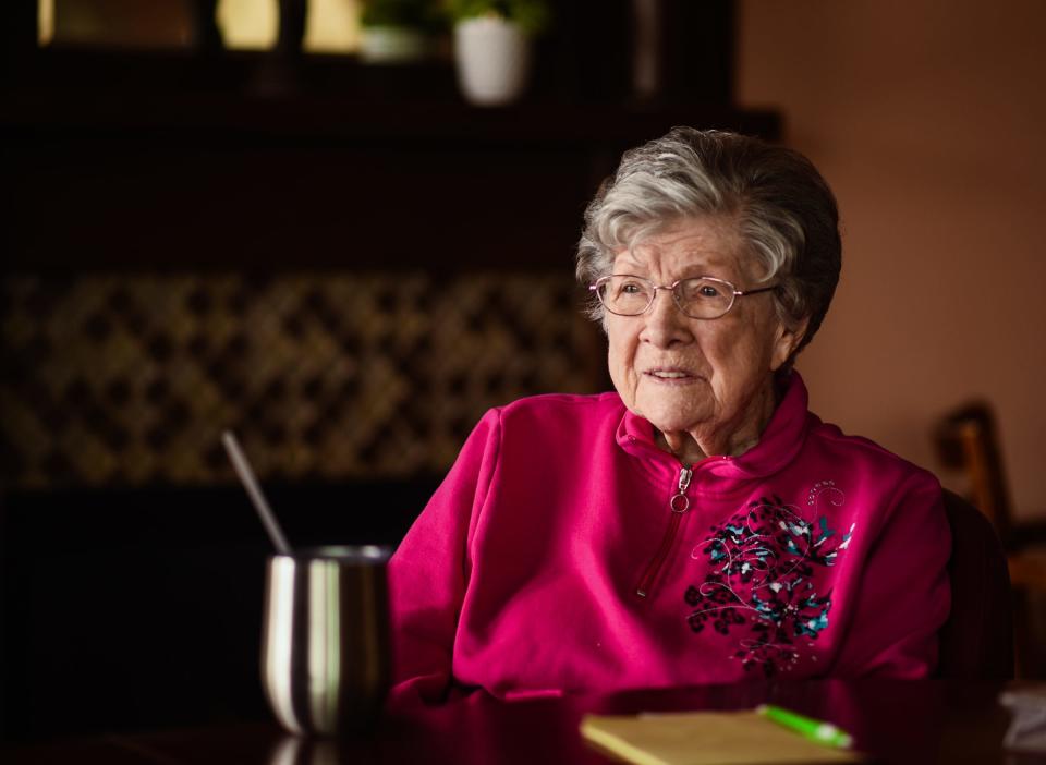 Centenarian Mary Beth DeSante of Grand Ledge talks about her children Monday, April 17, 2023, at Fairview Adult Foster Care in Grand Ledge.