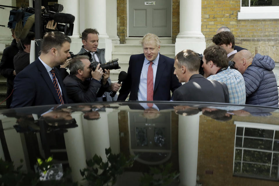 British Conservative Party leadership and prime minister contender Boris Johnson gets in a car as he leaves home in south London, Friday, June 21, 2019. Britain's next leader will be chosen by about 160,000 members of the governing Conservative Party in a runoff between two candidates: former Foreign Secretary Boris Johnson and current Foreign Secretary Jeremy Hunt. (AP Photo/Matt Dunham)