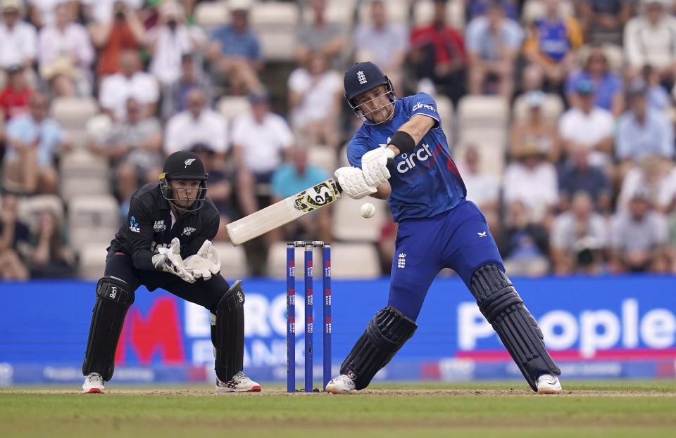 England's Liam Livingstone batting during the second one day international cricket match between England and New Zealand, at The Ageas Bowl, Southampton, England, Sunday Sept. 10, 2023. (John Walton/PA via AP)