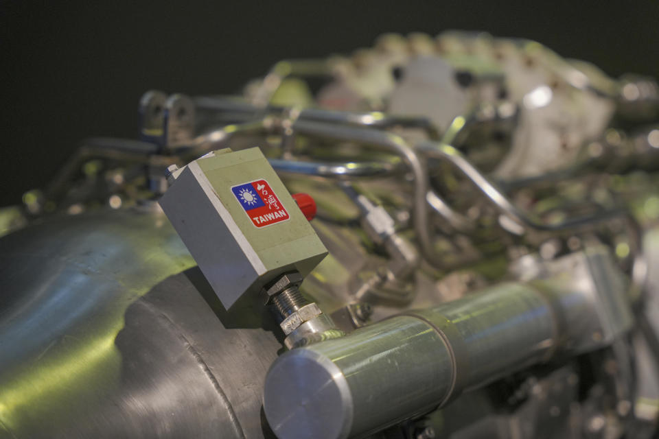The Taiwanese flag is seen on a jet engine at the National Chung-Shan Institute of Science and Technology in Taichung in central Taiwan on Tuesday, Nov. 15, 2022. Taiwan displayed its self-developed drone technology Tuesday, amid rising concerns over China's threats to use force to assert its claim to the self-governing island republic. (AP Photo/Walid Berrazeg)