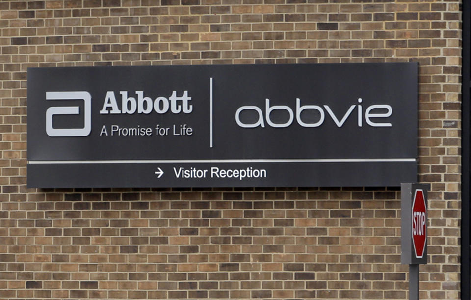 FILE - This Jan. 24, 2015, file photo, shows the exterior of AbbVie, in Lake Bluff, Ill. AbbVie is buying Botox maker Allergan in a cash-and-stock deal the drugmakers value at around $63 billion. The maker of the blockbuster immune disorder treatment Humira said Tuesday, June 25, 2019, that it will pay $120.30 in cash and a portion of AbbVie stock for each Allergan share. (AP Photo/Nam Y. Huh, File)