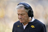 Iowa head coach Kirk Ferentz walks on the sideline during the first half of an NCAA college football game against Purdue, Saturday, Oct. 16, 2021, in Iowa City, Iowa. Purdue won 24-7. (AP Photo/Charlie Neibergall)