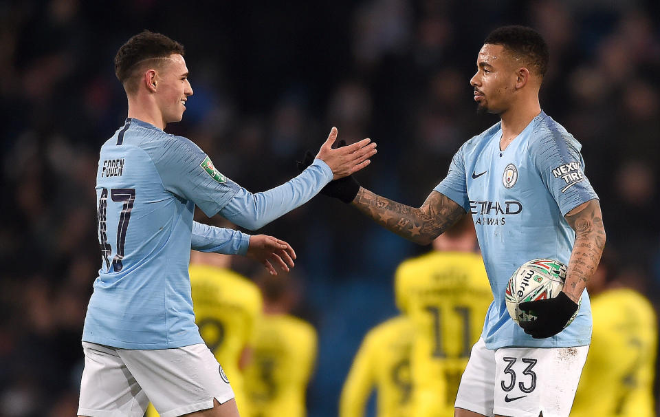 Phil Foden and Gabriel Jesus during the Carabao Cup Semi Final First Leg match between Manchester City and Burton Albion at Etihad Stadium on January 9, 2019 in Manchester, United Kingdom.