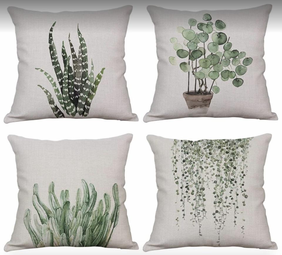 They'll make your outdoor seating space look a little more comfy and lively.<br /><br /><strong>Promising review:</strong> "These pillows are so cute! <strong>I bought them originally for my patio and brought them inside due to the rain we&rsquo;ve had the past few days and now I&rsquo;m in love with how they look in my dining room!</strong> Trying to decide whether to buy another set. I absolutely love these covers and the quality is amazing." &mdash; <a href="https://amzn.to/3xsOF0u" target="_blank" rel="nofollow noopener noreferrer" data-skimlinks-tracking="5580838" data-vars-affiliate="Amazon" data-vars-href="https://www.amazon.com/gp/customer-reviews/R2W7XIY2NBH3PX?tag=bfgenevieve-20&amp;ascsubtag=5580838%2C27%2C33%2Cmobile_web%2C0%2C0%2C1159952" data-vars-keywords="cleaning,fast fashion" data-vars-link-id="1159952" data-vars-price="" data-vars-product-id="16176944" data-vars-retailers="Amazon">Amazon Customer</a><br /><br /><strong>Get a set of four from Amazon for <a href="https://amzn.to/3dNivoJ" target="_blank" rel="nofollow noopener noreferrer" data-skimlinks-tracking="5580838" data-vars-affiliate="Amazon" data-vars-asin="B083W7H3MW" data-vars-href="https://www.amazon.com/dp/B083W7H3MW?tag=bfgenevieve-20&amp;ascsubtag=5580838%2C27%2C33%2Cmobile_web%2C0%2C0%2C1159965" data-vars-keywords="cleaning,fast fashion" data-vars-link-id="1159965" data-vars-price="" data-vars-product-id="16176945" data-vars-product-img="https://m.media-amazon.com/images/I/51cx+P-+hEL._SL500_.jpg" data-vars-product-title="YeeJu Set of 4 Green Plant Throw Pillow Covers Decorative Cotton Linen Square Outdoor Cushion Cover Sofa Home Pillow Covers 12x12 Inch" data-vars-retailers="Amazon">$10.99+</a> (available eight sizes and 19 different sets).</strong>