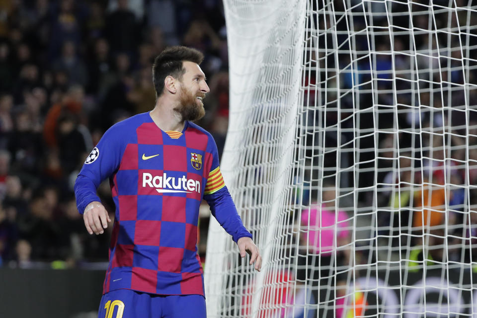 Barcelona's Lionel Messi reacts after missing a chance to score during a Champions League group F soccer match between Barcelona and Slavia Praha at Camp Nou stadium in Barcelona, Spain, Tuesday, Nov. 5, 2019. (AP Photo/Emilio Morenatti)