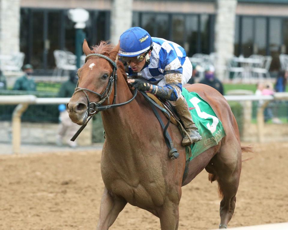 Hidden Stash and jockey Rafael Bejarano win a maiden race at Keeneland on Oct. 24, 2020. (Photo courtesy of Coady Photography.)