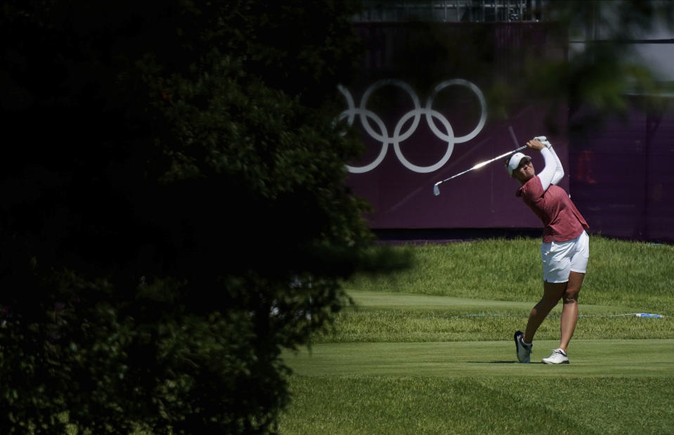 Nanna Koerstz Madsen, of Denmark, watches her tee shot on the 10th hole during the second round of the women's golf event at the 2020 Summer Olympics, Thursday, Aug. 5, 2021, at the Kasumigaseki Country Club in Kawagoe, Japan. (AP Photo/Matt York)