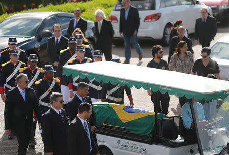 The coffin of Brazilian Supreme Court Justice Teori Zavascki, is seen during a funeral ceremony in Porto Alegre, Brazil, January 21, 2017. REUTERS/Diego Vara