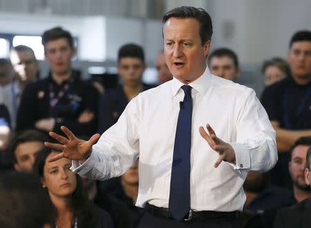 Britain's Prime Minister David Cameron speaks during a question and answer session at the National Grid Training Centre in Sherwood, England, April 9, 2015. REUTERS/Kirsty Wigglesworth/Pool