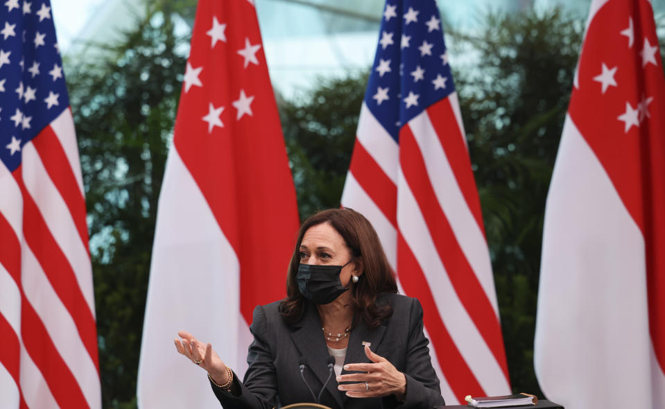 U.S. Vice President Kamala Harris attends a roundtable at Gardens by the Bay in Singapore before departing for Vietnam on the second leg of her Southeast Asia trip, Tuesday, Aug. 24, 2021. (Evelyn Hockstein/Pool Photo via AP)