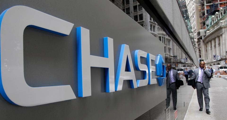 bank stocks JP Morgan Chase logo at the base of one of the bank's larger Lower Manhattan buildings in New York