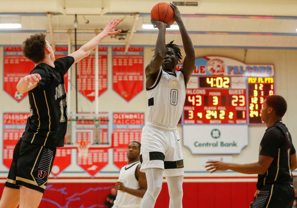 Omaha Biliew, of Link Academy, during the Lions win over Jonesboro in the opening round of the Ozark Mountain Shootout at Glendale High School on Thursday, Dec. 9, 2021.